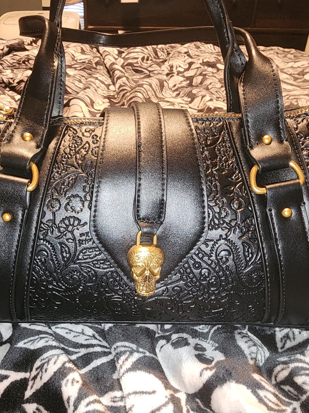 Betsey Johnson Black Embossed Satchel with Gold Skull Accent